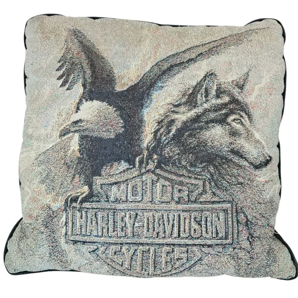 VTG‎ Y2K Harley Davidson Throw Pillows Needlepoint Wolf Bald Eagle 16